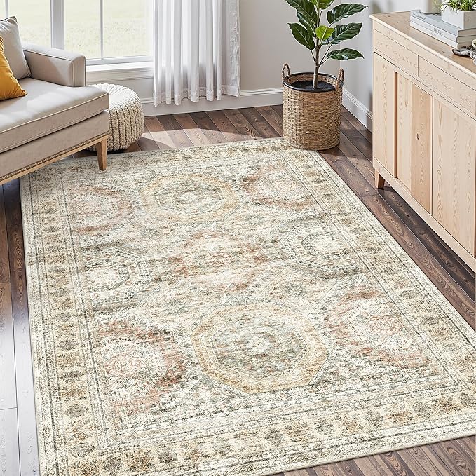 Soalmost 5x7 Area Rugs Brown Pink Low Pile Indoor Washable Trendy Faded Style Rugs for Bedroom Living Room Dining Room Foldable Non-Slip Thin Print Mat