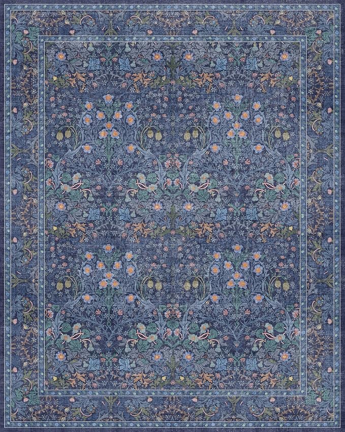 Hazo Haus Dark Blue Living Room Rug 8x10, Vintage Floral Washable Area Rugs for Bedroom, Dining Room Under Kitchen Table, Oriental Low Pile Stain Resistant Non-Slip Large Navy Decor