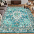 Washable Area Rug 3' x 5 ' Vintage Traditional Persian Mat - Foldable Distressed Non-Slip Machine Washable Carpet for Living Room Bedroom Kitchen Home Decor - Teal and Gold
