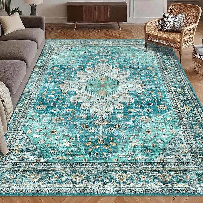 Washable Area Rug 9' x 12' Vintage Traditional Persian Mat - Foldable Distressed Non-Slip Machine Washable Carpet for Living Room Bedroom Kitchen Home Decor - Teal and Gold