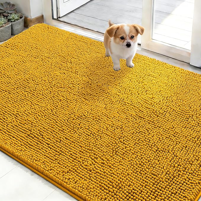 OLANLY Dog Door Mat for Muddy Paws 48x30, Absorbs Moisture and Dirt, Absorbent Non-Slip Washable Doormat, Quick Dry Chenille Mud Mat, Entry Indoor Entryway Carpet for Inside Floor, Golden Yellow
