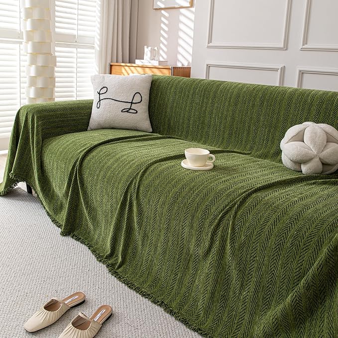Boho Chenille Couch Cover for Dogs, Non Slip Sofa Cover, Couch Slipcover Covers for 3 Cushion, Furniture Protector with Tassels for Pets Washable, 71"x134", Fishbone Green