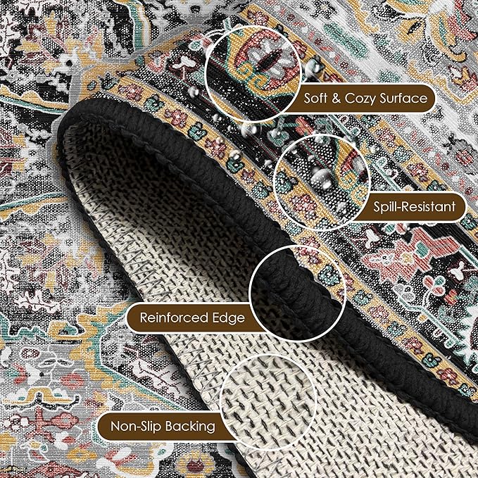 Washable Area Rug 2'6'' x 8' Vintage Traditional Persian Mat - Foldable Distressed Non-Slip Machine Washable Carpet for Living Room Bedroom Kitchen Home Decor - Slate and Multicolor