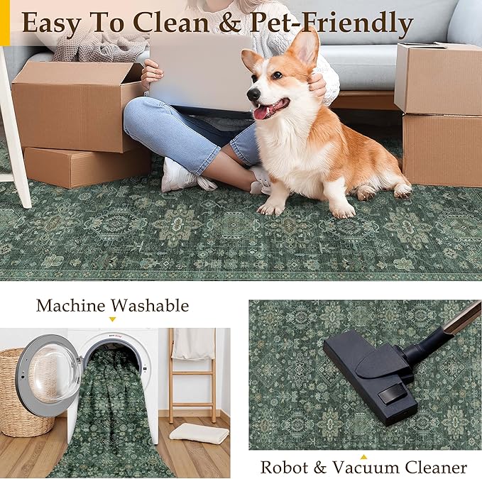 8x10 Washable Area Rug for Living Room Bedroom Vintage Green Non Slip Carpet Traditional Retro Soft Low Pile Large Throw Rug for Dining Room Kitchen Office Indoor