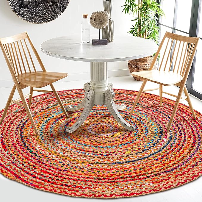 Hausattire Bohemian Braided Rug 5' Round - Multi Color, Rustic Hand Woven Rag Rugs for Kitchen, Kids Bedroom, Living Room | Colorful Farmhouse Pet Friendly Reversible Decorative Carpet