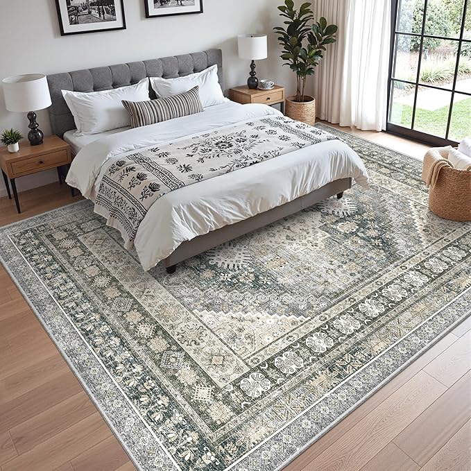 zesthome 8x10 Area Rugs for Living Room,Non-Slip Backing Washable Rugs,Vintage Large Area Rug，Stain Resistant Home Decor Rug (Wheat/Charcoal,8'x10')