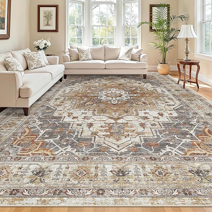 Madane Washable Rug 8x10 Area Rugs for Living Room, Ultra-Thin Non-Slip Backing Rug, Stain Resistant Vintage Large Area Rug for Bedroom (Turmeric/Grey, 8'x10')