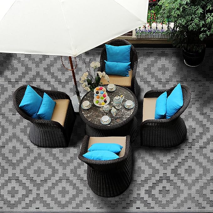 Outdoor Rug 6x9 ft, Black and Grey Lattice, Reversible Polypropylene