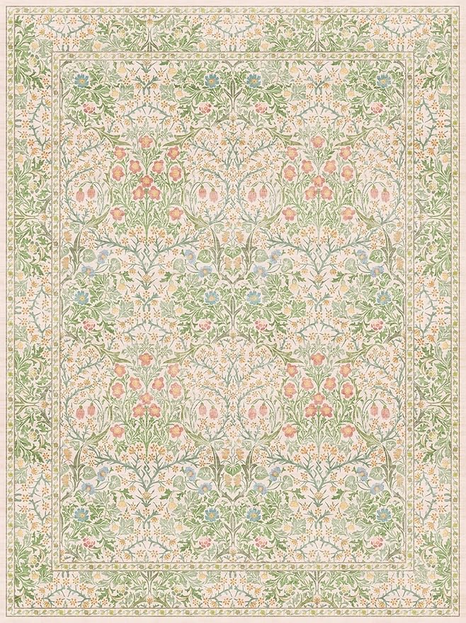 Washable Light Green Rug for Bedroom - 9x12 Large Area Rug for Dining Room Under Table, Living Room, Soft Low Pile Carpet for Playroom - Vintage Floral Non-Slip Stain Resistance (9x12 Beige Green)
