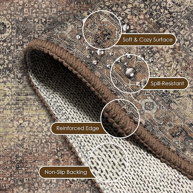 Washable Area Rug 3' x 5 ' Vintage Traditional Persian Mat - Foldable Distressed Non-Slip Machine Washable Carpet for Living Room Bedroom Kitchen Home Decor - Umber and Slate