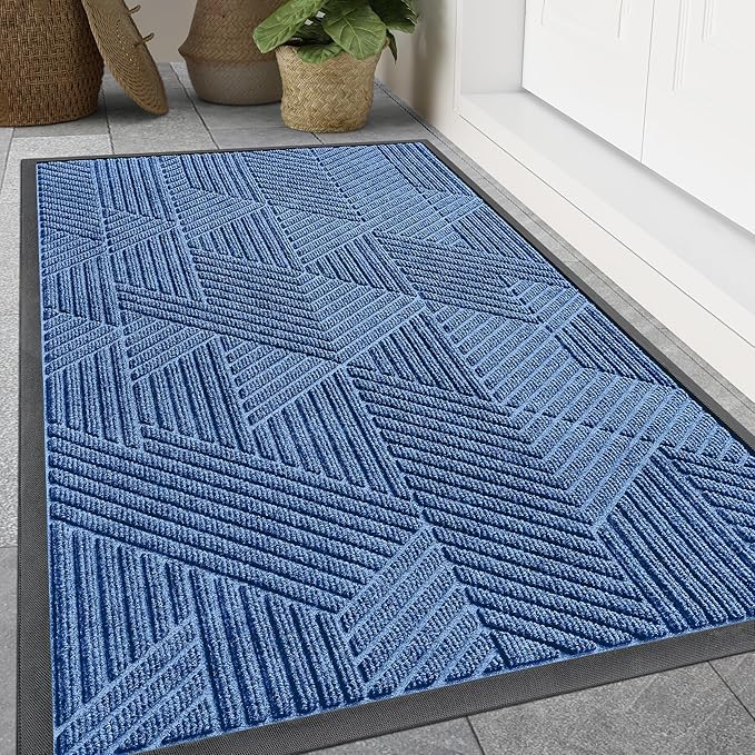 Smiry Front Door Mat Outside Entrance, Heavy Duty Sturdy Natural Rubber Doormat, Trap Dirt and Moisture, Easy Clean Low Profile Mats for Indoor Outdoor Entry, Irregular Triangle (71x47, Blue)
