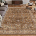 Washable Area Rug 9' x 12' Vintage Traditional Persian Mat - Foldable Distressed Non-Slip Machine Washable Carpet for Living Room Bedroom Kitchen Home Decor - Bronze and Ivory