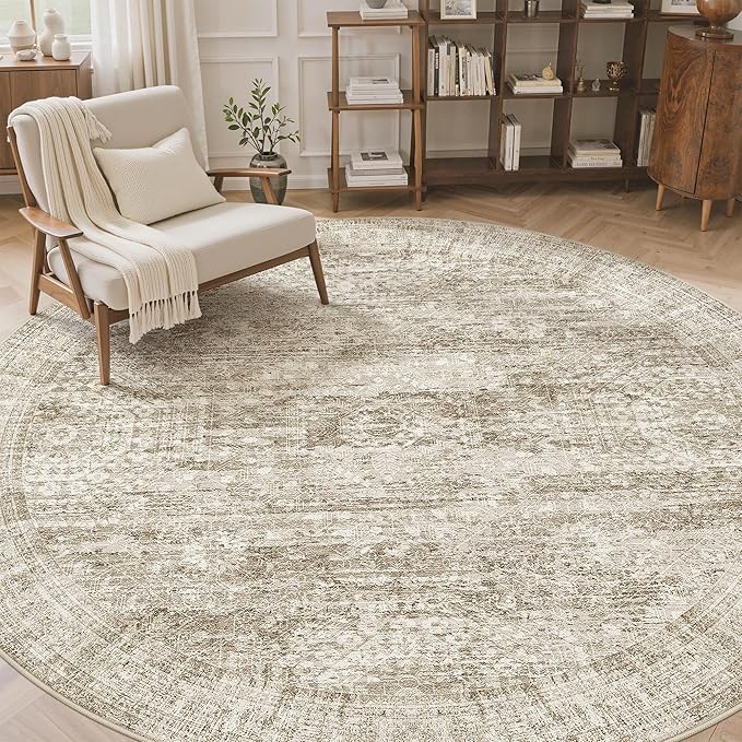 8x8 Brown Round Rug 8ft Living Room Circle Rug Vintage Round Area Rug Non Slip Indoor Carpet for Apartment