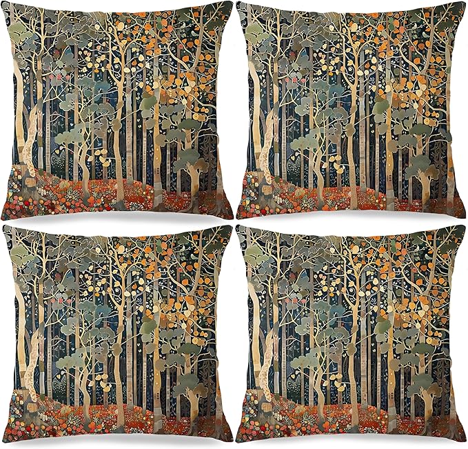 Rustic William Morris Inspired Autumn Forest Decor Pillow Covers 18x18 Set of 4,Fall Home Room Decor, Vintage Botanical Nature Decorative Throw Pillow Covers for Home Bedroom Living Room