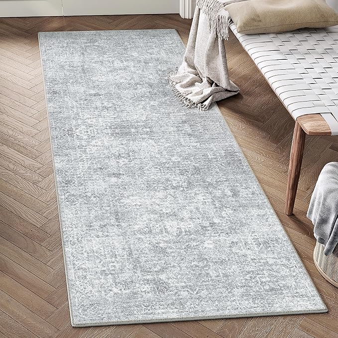 2x6 Runner Rug Washable Vintage Indoor Hallway Carpet Non Slip Grey Bedroom Low Pile Kitchen Distressed Long Retro Accent Throw Rug for Bathroom Dining Laundry Living Room