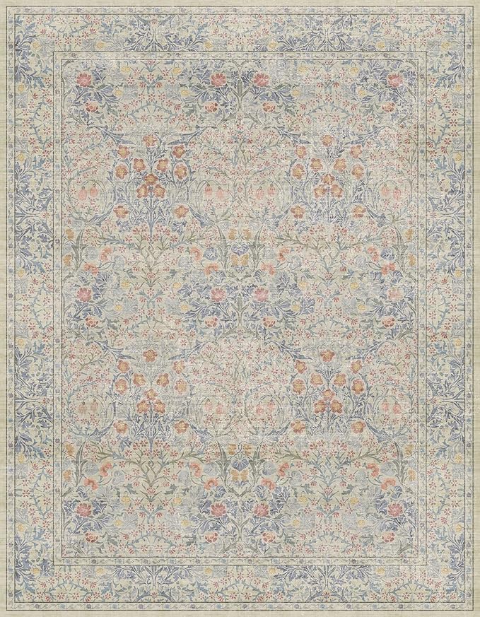 Hazo Haus Washable Dining Room Rugs, 7x9 Area Rug for Living Room, Bedroom, Kids Playroom, Low Pile Non-Slip Lightweight & Stain Resistance - Light Beige Blue Oriental Vintage Design