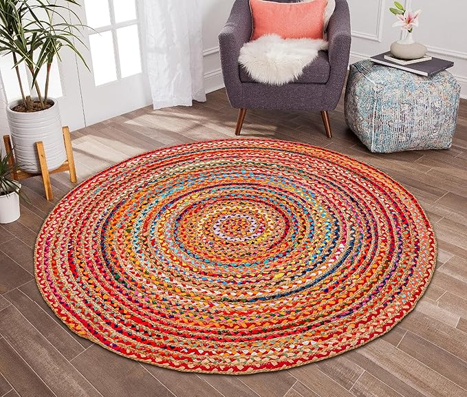 Hausattire Bohemian Braided Rug 3' Round - Multi Color, Small Farmhouse Jute Cotton Area Rag Rugs for Kids Bedroom, Playroom | Colorful Circle Hand Woven Cute Accent Mat