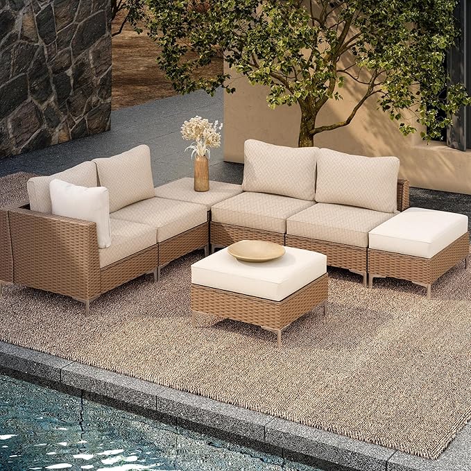 8Pcs Outdoor Cushion Covers, Patio Cushion Covers,Stretch Elastic Slipcovers, Replacement Washable Furniture Protector for Patio Couch,Thick Jacquard Textured Twill Fabric(Mustard Yellow,Cover Only)