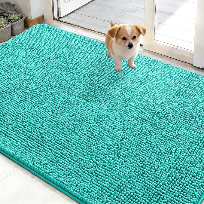 OLANLY Dog Door Mat for Muddy Paws 50x30, Absorbs Moisture and Dirt, Absorbent Non-Slip Washable Doormat, Quick Dry Chenille Mud Mat for Dogs, Entry Indoor Entryway Carpet for Inside Floor, Teal