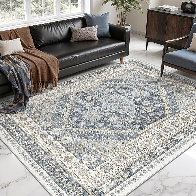 Area Rugs 5x7, Ultra-Thin Washable Rugs for Living Room, Anti-Slip Backing Area Rug for Bedroom, Soft Floral Vintage Home Decor Rug for Dining Room(Blue/Beige,5'x7')