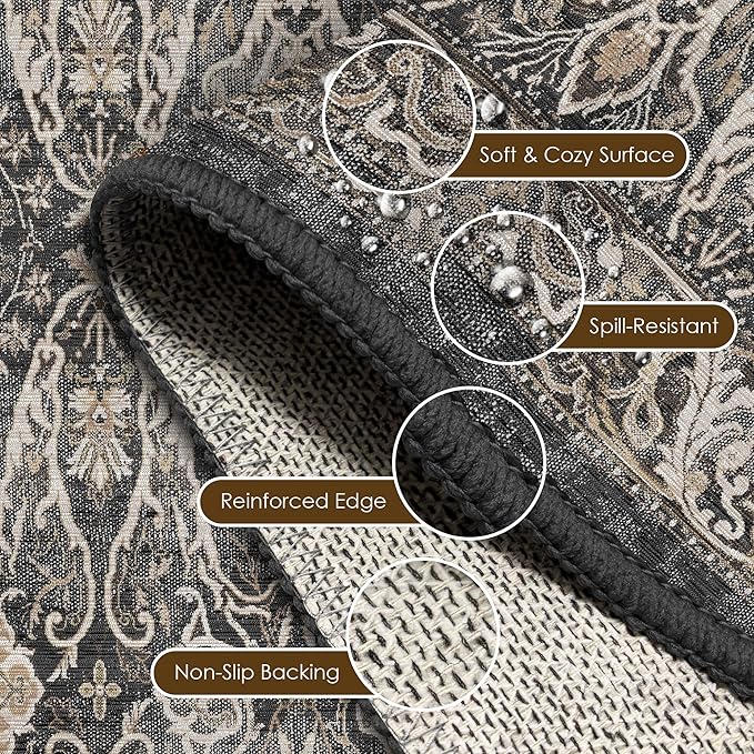 Washable Area Rug 4' x 6' Vintage Traditional Persian Mat - Foldable Distressed Non-Slip Machine Washable Carpet for Living Room Bedroom Kitchen Home Decor - Ebony and Taupe