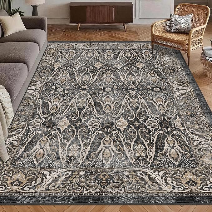 Washable Area Rug 4' x 6' Vintage Traditional Persian Mat - Foldable Distressed Non-Slip Machine Washable Carpet for Living Room Bedroom Kitchen Home Decor - Ebony and Taupe