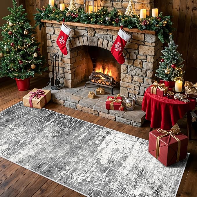 2x6 Abstract Kitchen Runner Rug - Washable Non-Slip Hallway Bedroom Carpet Low Pile Laundry Entryway Rugs with Non Slip Rubber Backing Modern Home Decor Mat for Dining Room Bathroom (2x6 Black/Grey)