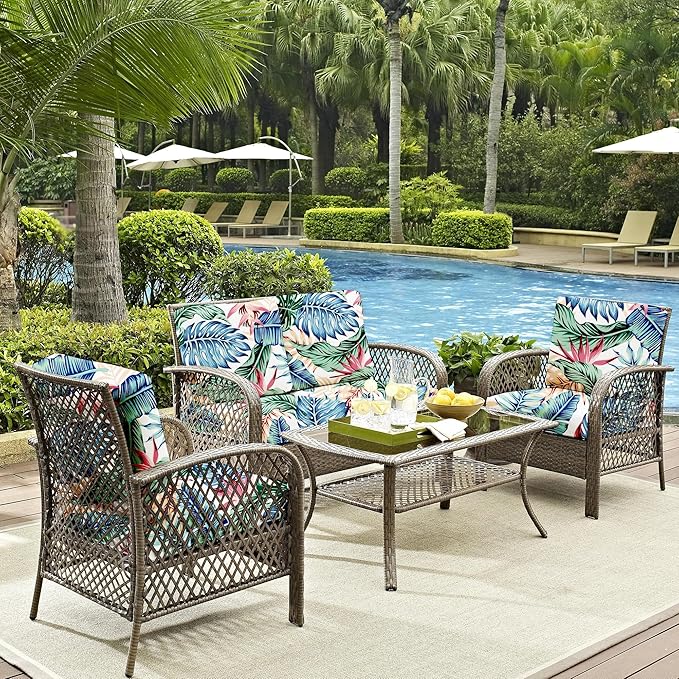 8Pcs Outdoor Cushion Covers, Patio Cushion Covers,Stretch Elastic Slipcovers, Replacement Washable & Reusable Furniture Protector for Patio Couch(Tropical Style,Cover Only)