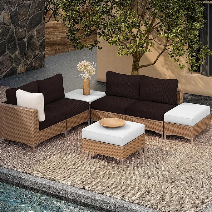8Pcs Outdoor Cushion Covers, Patio Cushion Covers,Stretch Elastic Slipcovers, Replacement Washable Furniture Protector for Patio Couch,Thick Jacquard Textured Twill Fabric(Coffee,Cover Only)