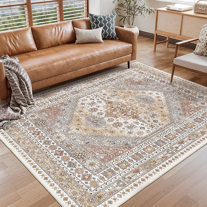 Area Rugs 5x7, Ultra-Thin Washable Rugs for Living Room, Anti-Slip Backing Area Rug for Bedroom, Soft Floral Vintage Home Decor Rug for Dining Room(Orange,5'x7')