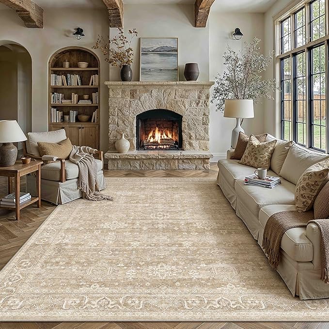 8x10 Washable Area Rug for Living Room Bedroom Vintage Beige Non Slip Carpet Traditional Retro Soft Low Pile Large Throw Rug for Dining Room Kitchen Office Indoor