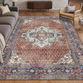 Washable Area Rug 9' x 12' Vintage Traditional Persian Mat - Foldable Distressed Non-Slip Machine Washable Carpet for Living Room Bedroom Kitchen Home Decor - Terracotta and Navy