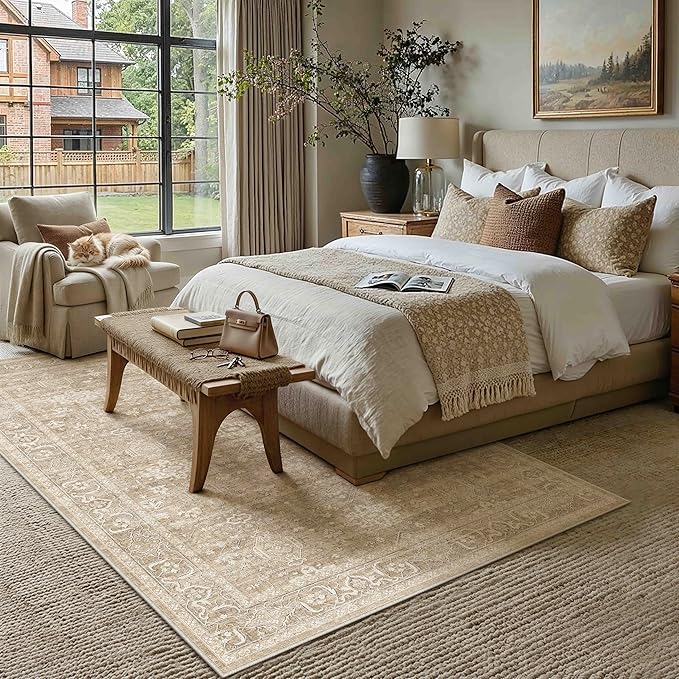 5x7 Washable Area Rug for Living Room Bedroom Vintage Beige Soft Low Pile Carpet Traditional Retro Non Slip Throw Rug for Dining Room Entryway Indoor Dorm Kitchen
