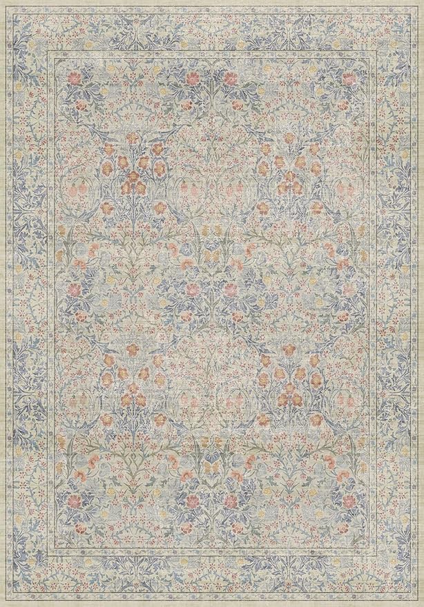 7x10 Washable Rug for Living Room - Stain Resistant Dining Room Rugs for Under Table, Soft Low Pile Large Carpet for Bedroom - Vintage Floral Non-Slip (Beige Blue)