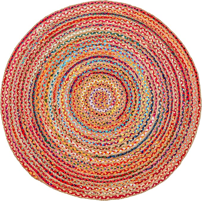 Hausattire Bohemian Braided Rug 3' Round - Multi Color, Small Farmhouse Jute Cotton Area Rag Rugs for Kids Bedroom, Playroom | Colorful Circle Hand Woven Cute Accent Mat