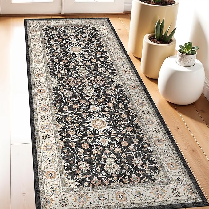 Washable 3x7 Kitchen Runner Rug: Non-Silp Runners Mat for Entryway Bathroom Indoor Entry Hallway Bedroom Laundry Soft Low Pile Distressed Carpet (Black, 3X7)