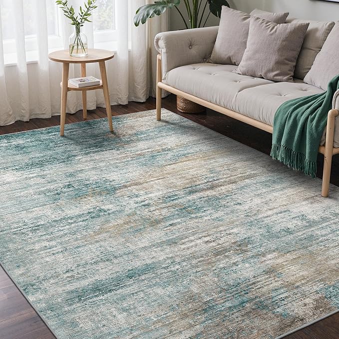 BEIMO Area Rugs 6x9 for Living Room Bedroom, Modern Abstract Machine Washable Rug, Large Soft Low Pile Floor Carpet with Non Slip Backing for Dining Room, Teal/Grey