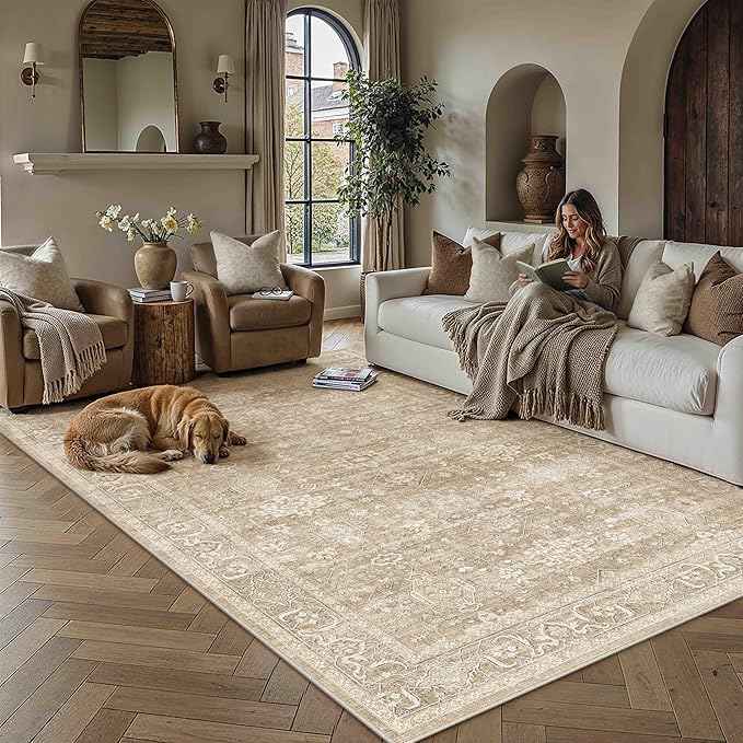 5x7 Washable Area Rug for Living Room Bedroom Vintage Beige Soft Low Pile Carpet Traditional Retro Non Slip Throw Rug for Dining Room Entryway Indoor Dorm Kitchen