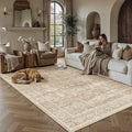 5x7 Washable Area Rug for Living Room Bedroom Vintage Beige Soft Low Pile Carpet Traditional Retro Non Slip Throw Rug for Dining Room Entryway Indoor Dorm Kitchen