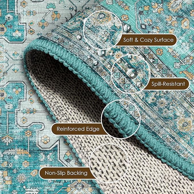 Washable Area Rug 3' x 5 ' Vintage Traditional Persian Mat - Foldable Distressed Non-Slip Machine Washable Carpet for Living Room Bedroom Kitchen Home Decor - Teal and Gold