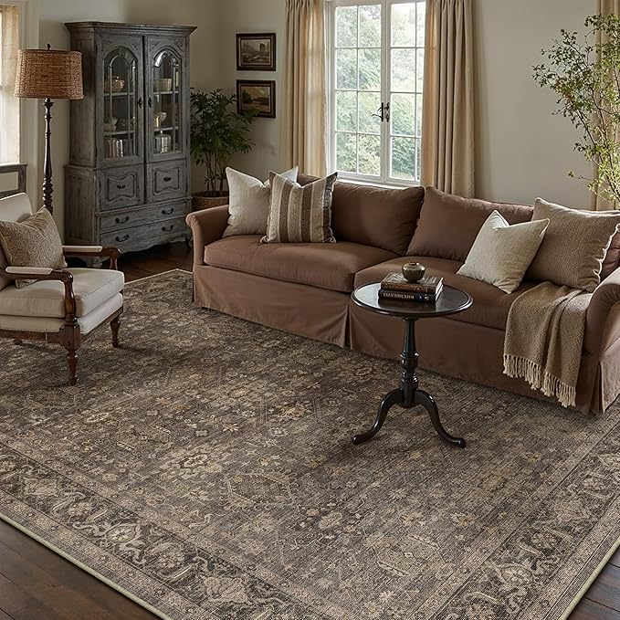 10x14 Washable Area Rug for Living Room Bedroom Vintage Brown Non Slip Carpet Traditional Retro Soft Low Pile Large Throw Rug for Dining Room Kitchen Office Indoor