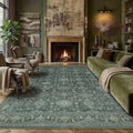 9x12 Washable Area Rug for Living Room Bedroom Vintage Green Non Slip Carpet Traditional Retro Soft Low Pile Large Throw Rug for Dining Room Kitchen Office Indoor