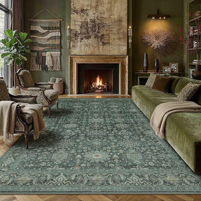 8x10 Washable Area Rug for Living Room Bedroom Vintage Green Non Slip Carpet Traditional Retro Soft Low Pile Large Throw Rug for Dining Room Kitchen Office Indoor