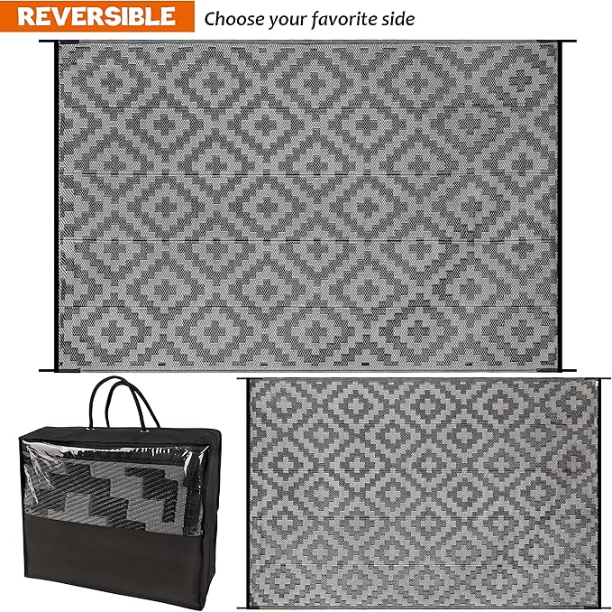 Outdoor Rug 6x9 ft, Black and Grey Lattice, Reversible Polypropylene