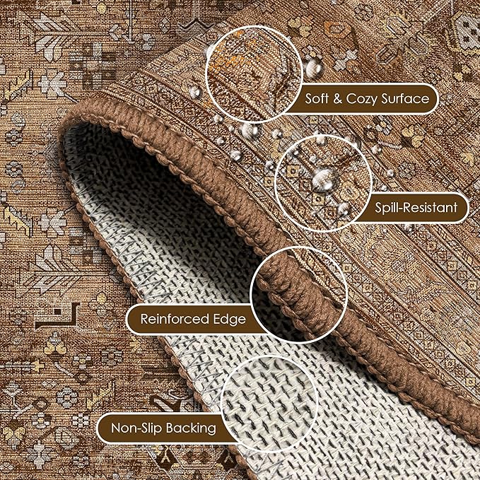 Washable Area Rug 2'6'' x 8' Vintage Traditional Persian Mat - Foldable Distressed Non-Slip Machine Washable Carpet for Living Room Bedroom Kitchen Home Decor - Bronze and Ivory
