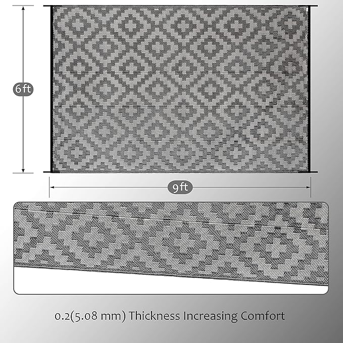 Outdoor Rug 6x9 ft, Black and Grey Lattice, Reversible Polypropylene