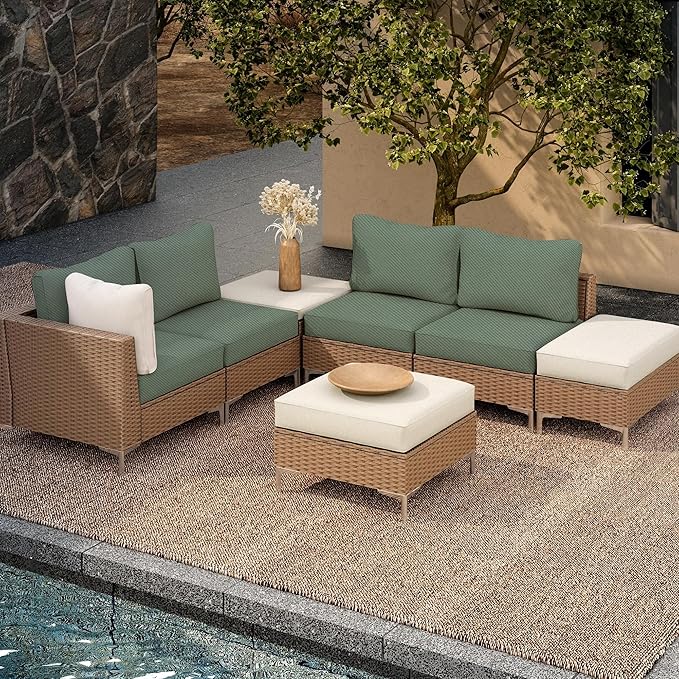 8Pcs Outdoor Cushion Covers, Patio Cushion Covers,Stretch Elastic Slipcovers, Replacement Washable Furniture Protector for Patio Couch,Thick Jacquard Fabric(Matcha Green, Cover Only)