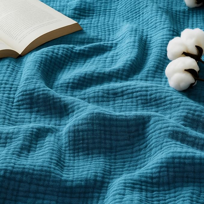 Bedsure 100% Cotton Muslin Throw Blanket Twin XL for Bed - 4-Layer Breathable and Lightweight Thin Soft Summer Gauze Muslin Blankets for Adults, Teal, 66x90 Inches