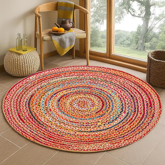 Hausattire Bohemian Braided Rug 5' Round - Multi Color, Rustic Hand Woven Rag Rugs for Kitchen, Kids Bedroom, Living Room | Colorful Farmhouse Pet Friendly Reversible Decorative Carpet