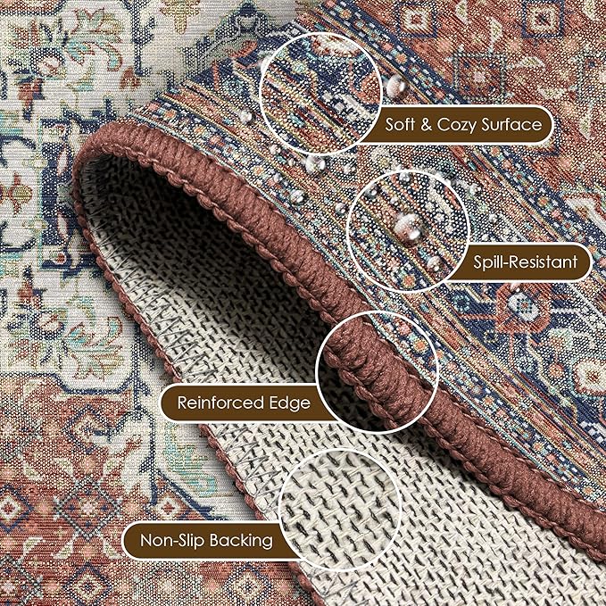 Washable Area Rug 6' x 9' Vintage Traditional Persian Mat - Foldable Distressed Non-Slip Machine Washable Carpet for Living Room Bedroom Kitchen Home Decor - Terracotta and Navy